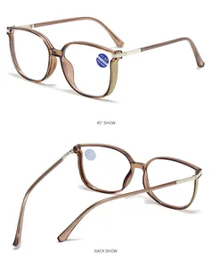Detail view of coffee translucent frames with gold accents and anti-blue light lenses