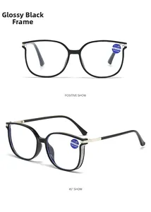 Dual view of large frame black reading glasses with blue light filter and +1.00 strength