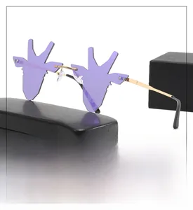 Détail de lunettes de soleil cerclées violettes en forme de cerf avec étui en cuir noir