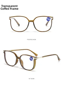 Front and 45-degree angle view of oversized transparent coffee blue light reading glasses