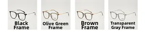 Lunettes anti-lumière bleue carrées en coloris noir, olive, thé et gris transparent