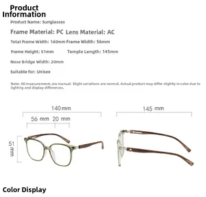 Dimensioni dettagliate delle stanghette effetto legno TR90 e montatura verde con tabella