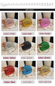 Macro shot of candy-colored shell clutch bags with pleated textures and chain straps