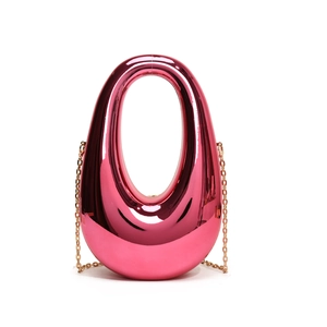 Modern oval acrylic hard shell evening clutch bag in mirror pink finish with gold chain