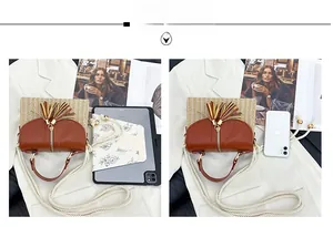 Comparaison de taille du sac bandoulière en paille avec tablette et téléphone