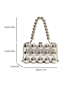 Detail showing dimensions of silver acrylic clutch with metal beads and chain strap