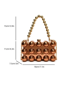 Detailed size guide of acrylic egg-shaped clutch bag with metal handle and dimensions