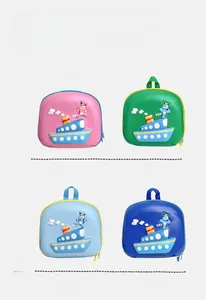 Four-grid display of cartoon ship backpacks in pink, green, sky blue, and navy colors