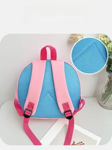 Detail of breathable honeycomb mesh back and padded pink straps on kids backpack