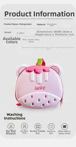 Toddler mangosteen backpack details showing dimensions 28x24x7cm and 0.28kg weight specs