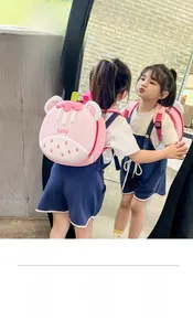 Detail of pink strawberry EVA shell backpack with adjustable breathable straps for kids