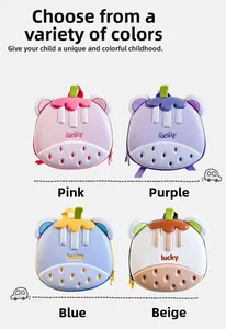 Detailed grid view of children's EVA fruit backpacks in pink, purple, blue, and beige colors