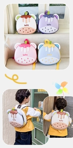 Detail view of colorful hard shell kids backpack with cute strawberry and animal ear designs
