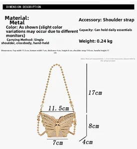 Tabla de tallas detallada para bolso de mariposa de metal con pedrería y correa