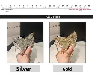 Mini bolsos de mariposa con diamantes en oro y plata con cadena y escala de talla