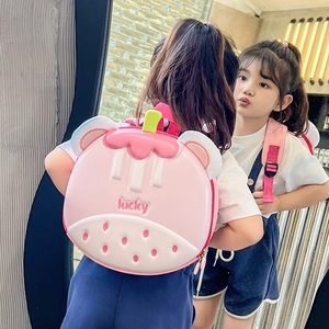 Cute pink strawberry EVA hard shell kids backpack with lucky text for toddlers