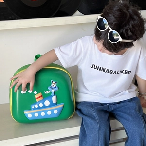 3D ship design lightweight kids backpack in green with cute cartoon clouds and sun