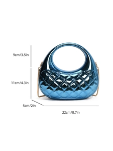 Blue metallic box bag with diamond pattern, round handle and gold chain strap dimensions