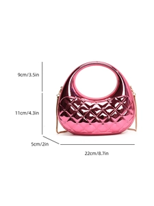Detail of pink diamond-quilted acrylic clutch bag with round handle and gold chain strap