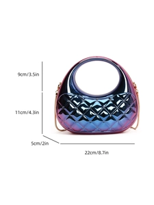 Detailed dimensions of gradient metallic quilted box clutch with handle and chain strap