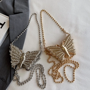 Bolso de Caja Mini de Metal con Forma de Mariposa y Strass para Mujer Bolso de Noche con Cadena Dorado Plata