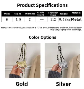 Detailed view of mini metallic quilted bag with pearl chain and size specifications