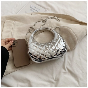Silver mirror acrylic box bag with quilted rhombus texture and metal chain strap