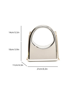 Silver hard shell clutch bag dimensions showing 21cm width and metal ring handle details