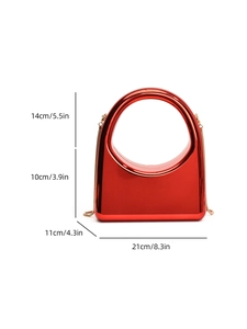 Detailed dimensions of red hard shell evening bag with golden chain and handle height 14cm