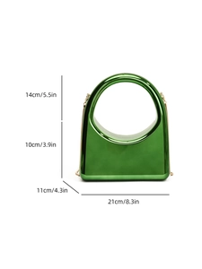 Detailed dimensions of emerald green hard shell evening bag with gold chain strap