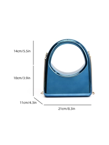 Blue hard shell box bag with round handle and gold chain detail including dimensions