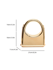 Detailed dimension guide for gold hard shell box bag showing 21cm length and chain