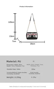 Detailed size specifications for the vintage tape-shaped crossbody bag in black PU