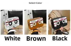 Three retro cassette-style chain crossbody bags in white, brown, and black finishes