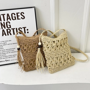Straw Woven Crossbody Bag Hollow Crochet Handmade Purse With Tassel Wood Beads Bohemian Beach Vacation Summer Women