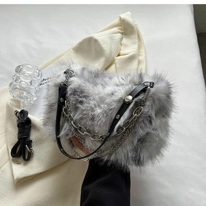 Close-up of fluffy grey faux fur bag with metallic silver chain and black leather straps