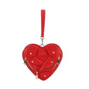 Red heart-shaped motorcycle jacket style handbag with gold studs and zippers