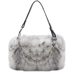 Faux fur shoulder bag with stylish chain decor and black strap for winter fashion