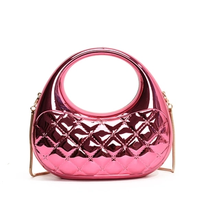 Metallic pink acrylic evening bag with rhombus pattern and gold chain strap
