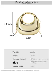 Detailed size chart for acrylic evening bag with dimensions 13cm width and 12.5cm height