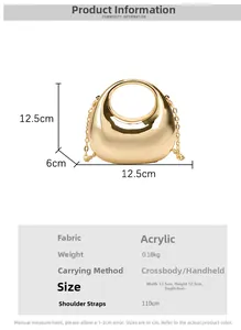 Detail specifications of golden acrylic crescent chain bag showing dimensions and materials