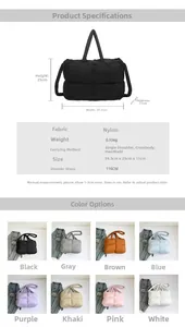Detailed size specifications for the quilted nylon tote bag with shoulder strap dimensions