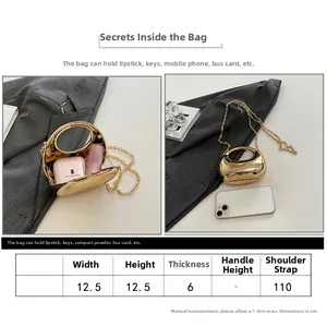 Size chart for mini metallic crescent chain bag with dimensions 12.5x12.5x6cm and strap