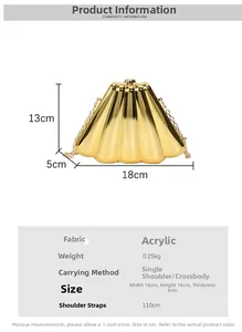Detail view of shell-shaped evening bag showing size specs and metallic chain