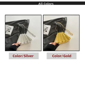 Detailed comparison of shell-shaped evening bags in glossy silver and gold finishes