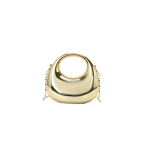 Golden crescent moon acrylic clutch evening bag with round handle and gold bead chain strap