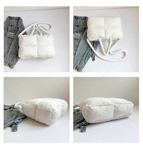 Vue sous quatre angles du sac fourre-tout matelassé blanc avec texture rembourrée et anses