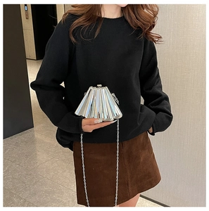 Silver metallic chain bag with vertical stripes shown in a stylish crossbody carry style
