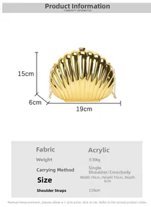 Size chart showing gold shell-shaped acrylic evening bag dimensions and strap length