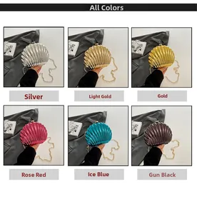 Detailed grid showing six metallic seashell evening bags with chain straps in vibrant colors